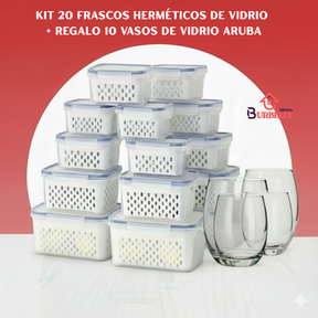 ¡Sólo Por Hoy | Kit 20 Frascos Herméticos de Vidrio + 10 Vasos de Vidrio Aruba de Regalo