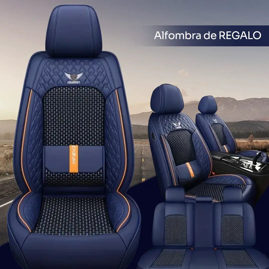 Fundas Asientos Autos Universal Cuero Legítimo + Juego Cubre Alfombra Premium