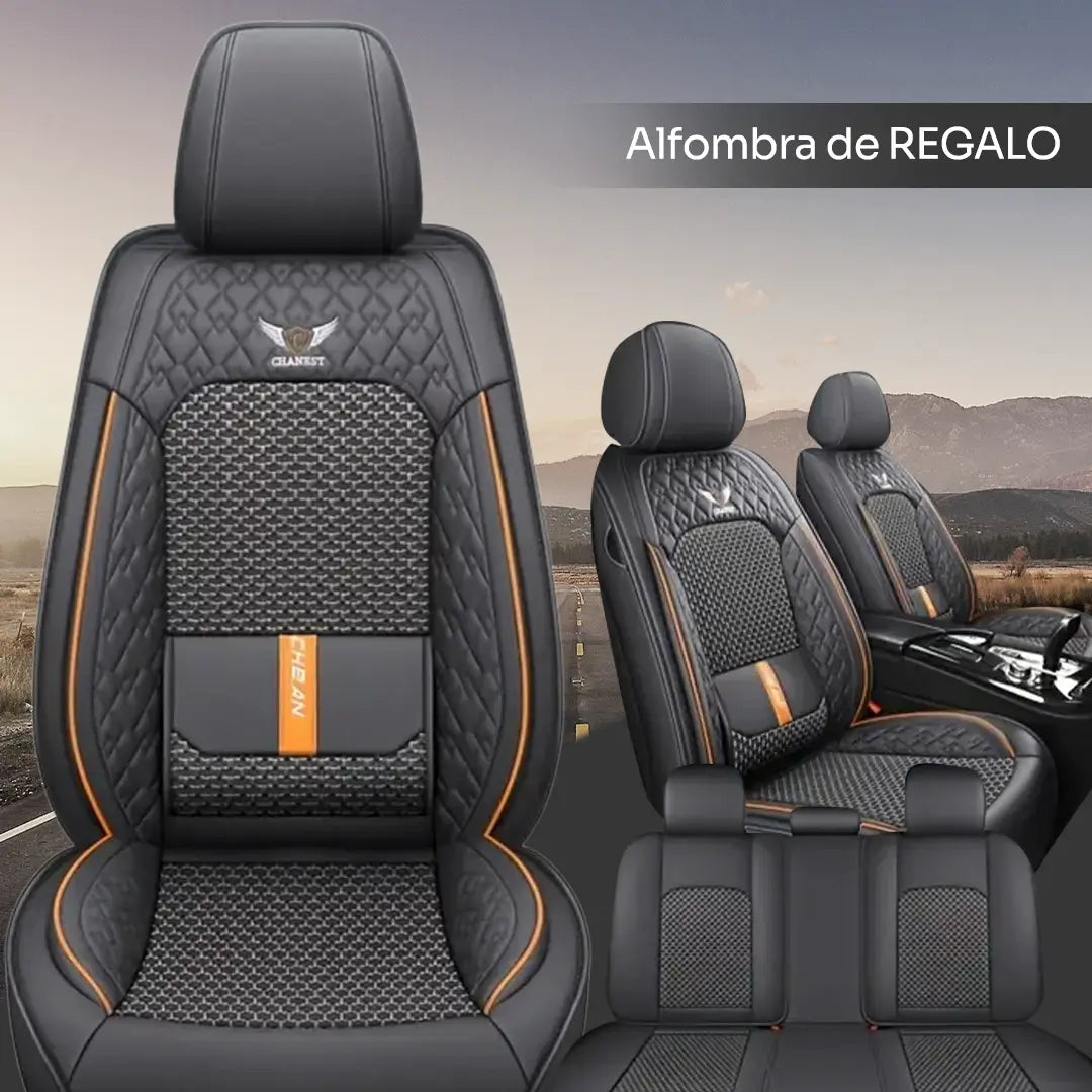 Fundas Asientos Autos Universal Cuero Legítimo + Juego Cubre Alfombra Premium